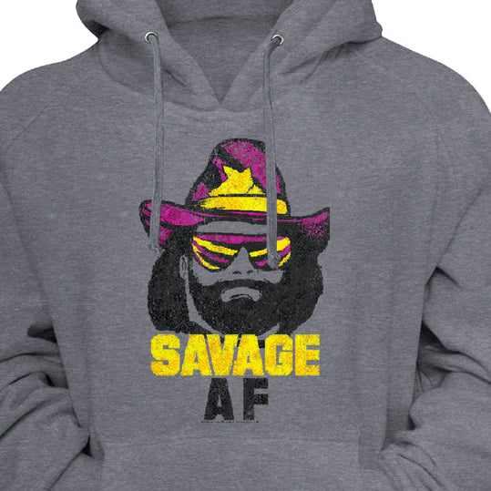 A heather gray pullover hoodie featuring a graphic print of a bearded man wearing a purple and yellow hat and sunglasses, with the text 'SAVAGE AF' printed below in yellow and black.