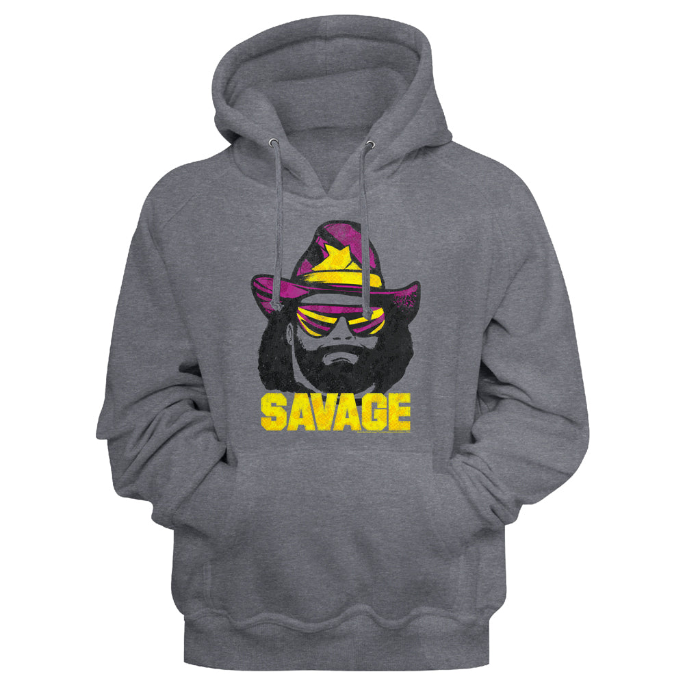 A heather gray pullover hoodie featuring a graphic print of a bearded man in a purple and yellow hat with yellow sunglasses, and the word 'SAVAGE' printed in yellow below the graphic.