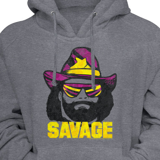 A heather gray pullover hoodie featuring a graphic print of a bearded man in a purple and yellow hat with yellow sunglasses, and the word 'SAVAGE' printed in yellow below the graphic.