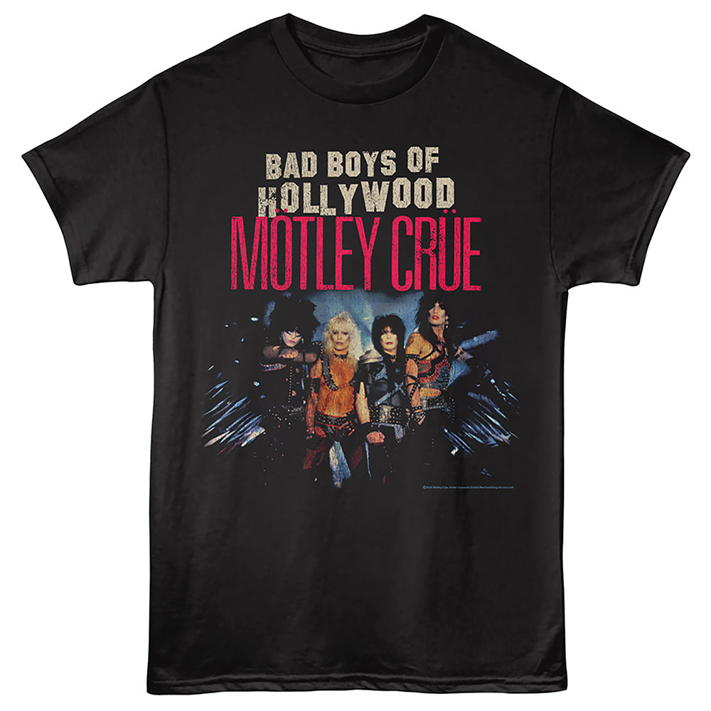 Black t-shirt with 'Bad Boys of Hollywood Motley Crue' graphic design on a black background