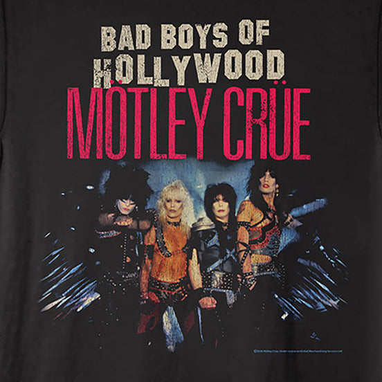 Black t-shirt with 'Bad Boys of Hollywood Motley Crue' graphic design on a black background