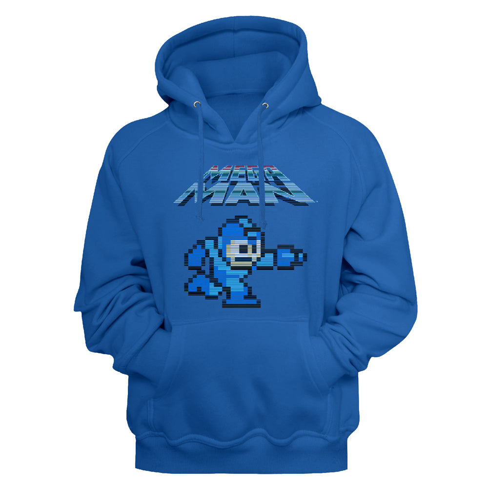 Blue hoodie with pixelated character design on a blue background