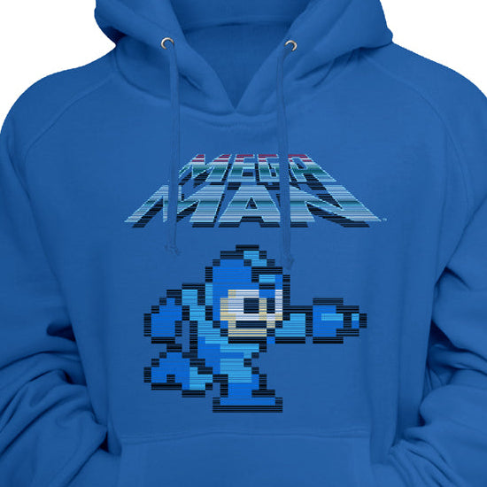 Blue hoodie with pixelated character design on a blue background