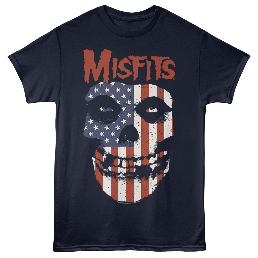 Navy blue t-shirt with 'Misfits' logo featuring a skull with American flag design on a navy background