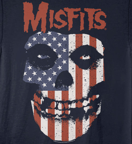 Navy blue t-shirt with 'Misfits' logo featuring a skull with American flag design on a navy background