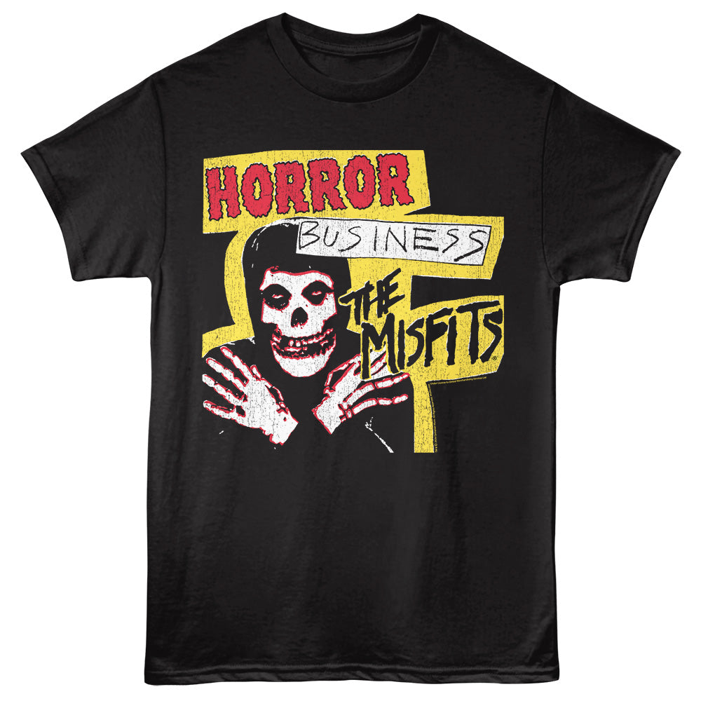 Black t-shirt with a graphic design featuring a skull and text on a black background