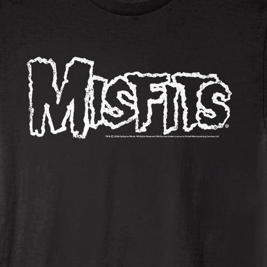 Black t-shirt with 'Misfits' logo on a black background