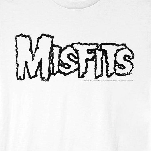 A white short-sleeve crewneck t-shirt featuring the word 'Misfits' printed across the chest in a black, stylized, dripping font.