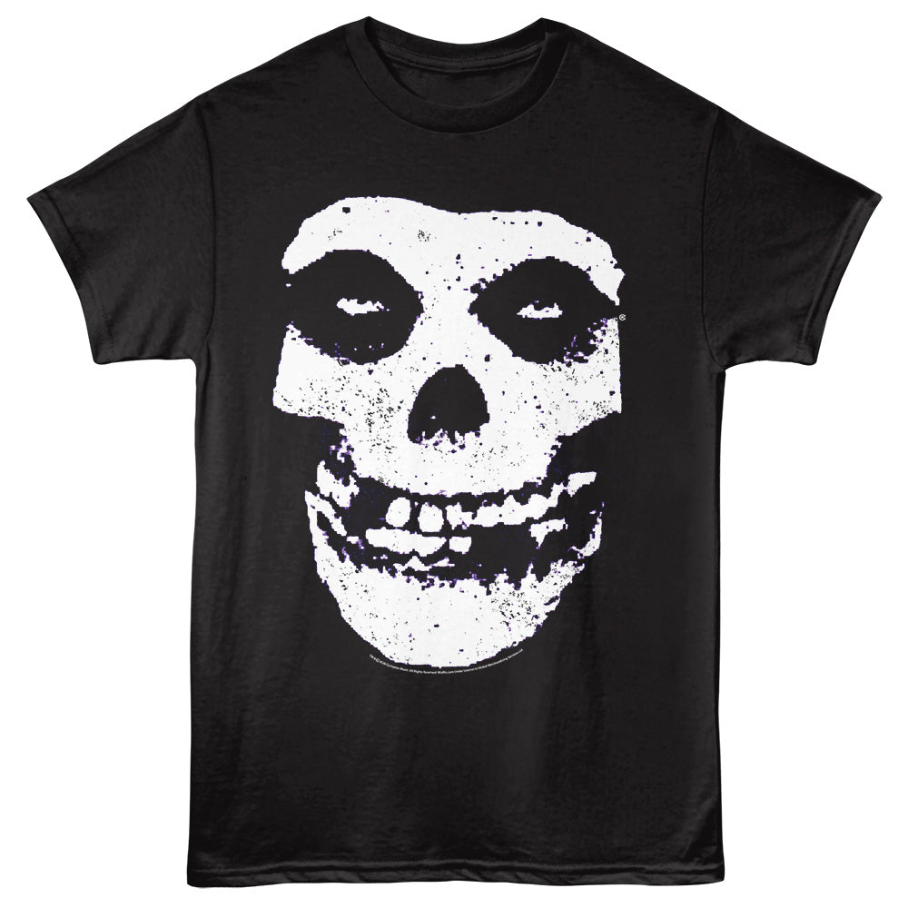 Black t-shirt with a white skull design on a black background