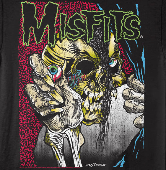 Black t-shirt with a graphic design of a skeleton hand holding a skull and the Misfits logo.