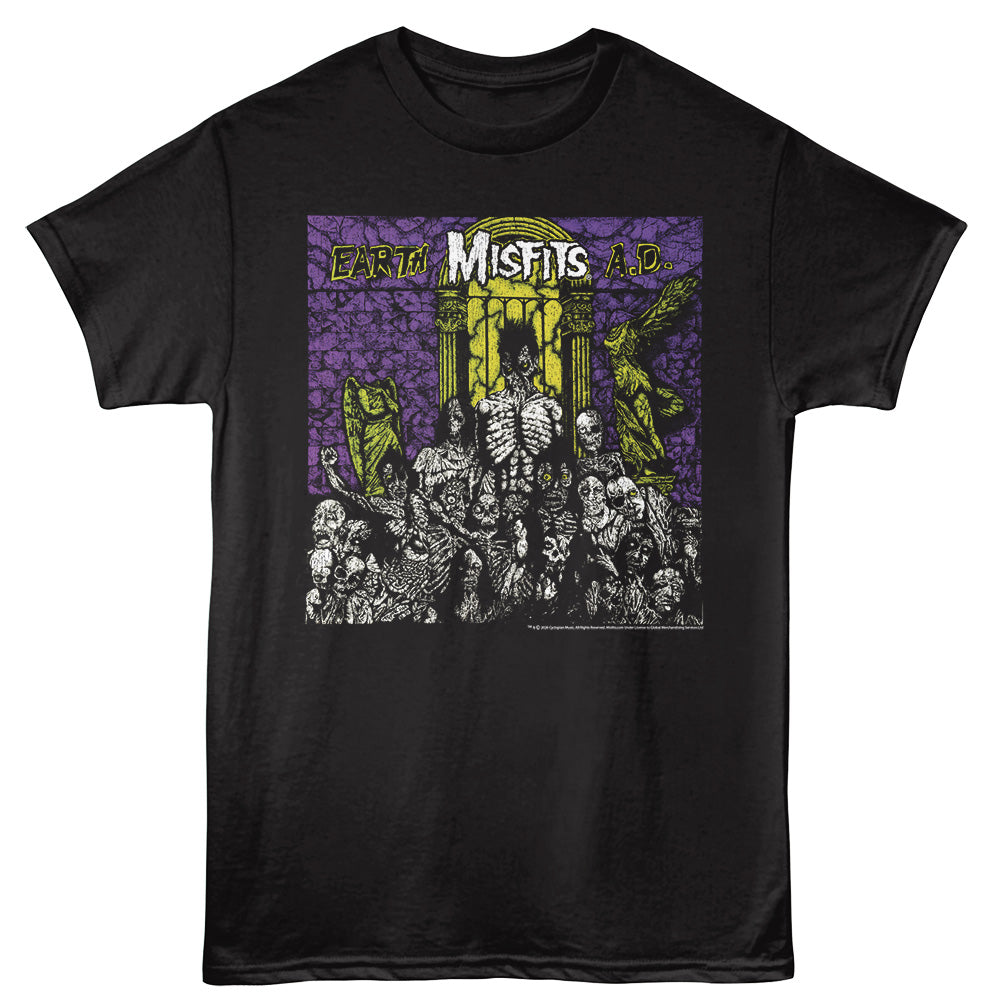 Black t-shirt with a graphic design featuring skeletons and text on a black background