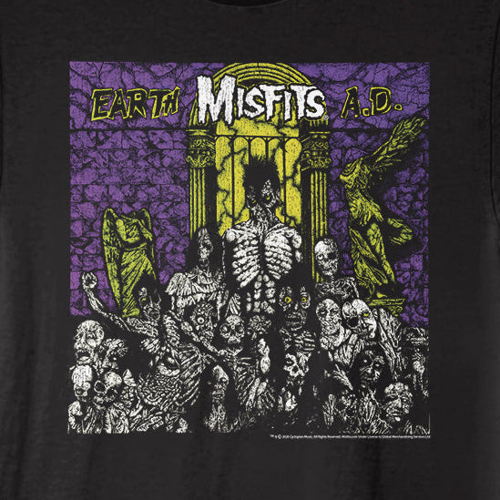 Black t-shirt with a graphic design featuring skeletons and text on a black background