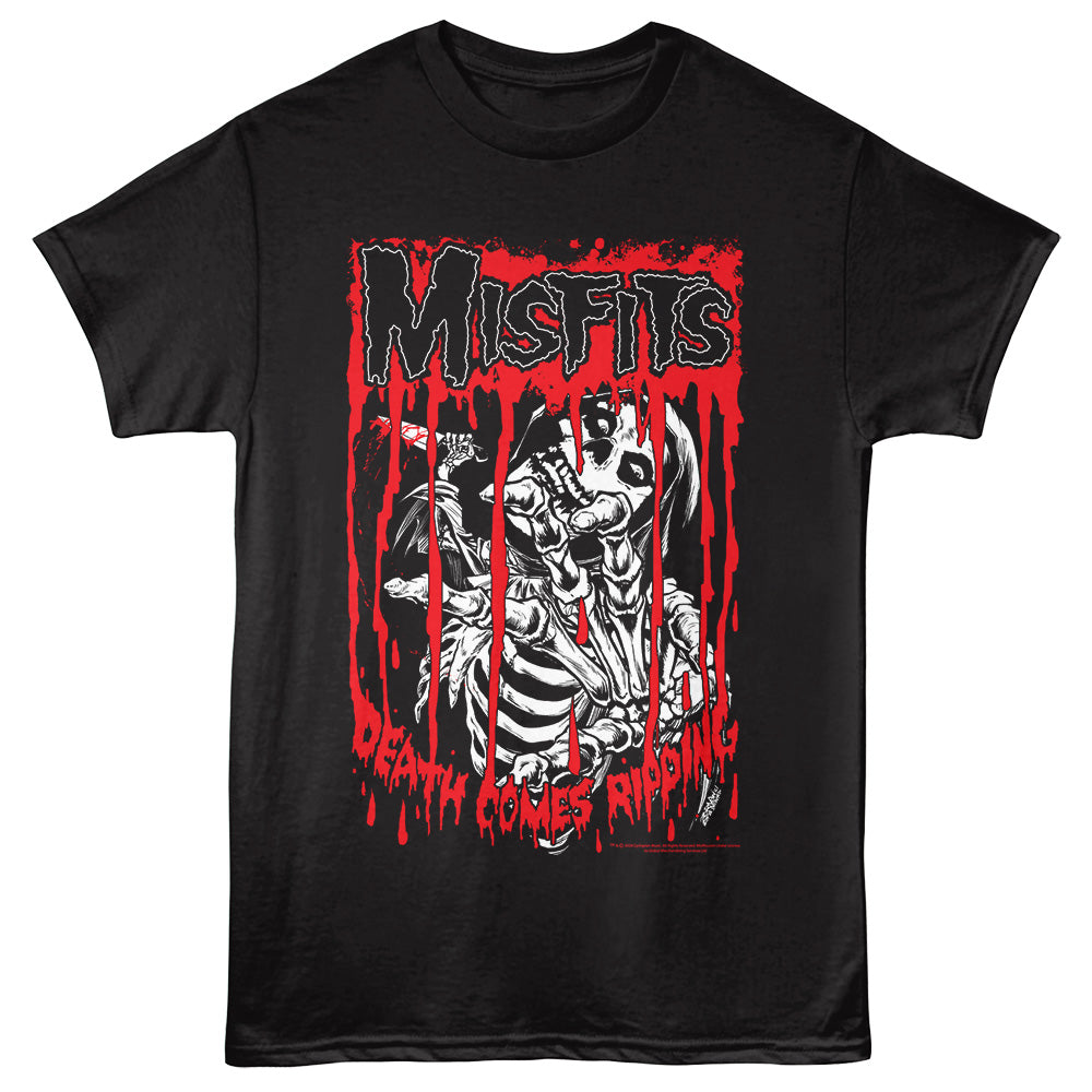 A black short-sleeve t-shirt featuring a large front graphic of a skeletal figure with the word 'Misfits' in dripping red letters above and 'Death Comes to Ribbing' below, on a black background.
