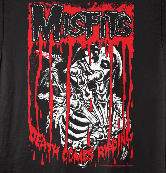 A black short-sleeve t-shirt featuring a large front graphic of a skeletal figure with the word 'Misfits' in dripping red letters above and 'Death Comes to Ribbing' below, on a black background.