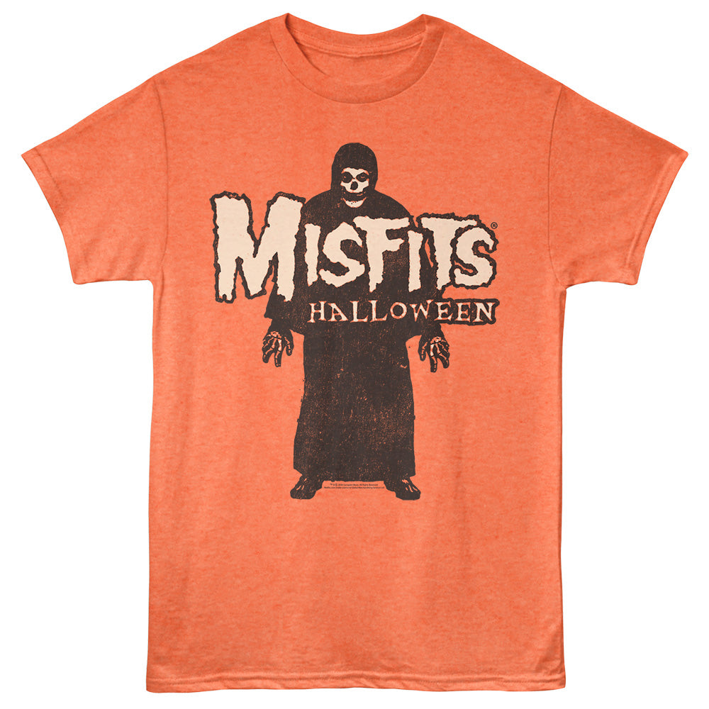 A heather orange crewneck t-shirt featuring a distressed graphic of a hooded figure with a skull face and the text 'Misfits Halloween' printed on the front.