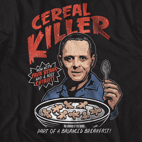 Black t-shirt with graphic design of a man with a bowl of cereal and text 'Cereal Killer' on a black background