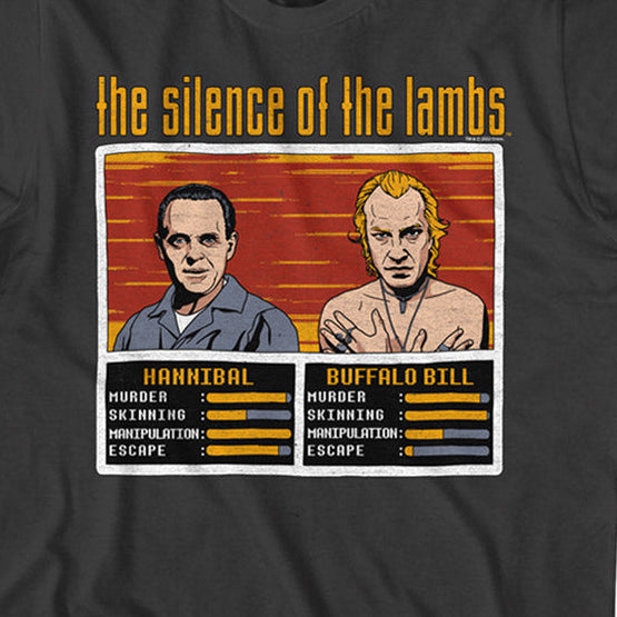 Black t-shirt with 'The Silence of the Lambs' graphic design featuring Hannibal Lecter and Buffalo Bill on a black background.