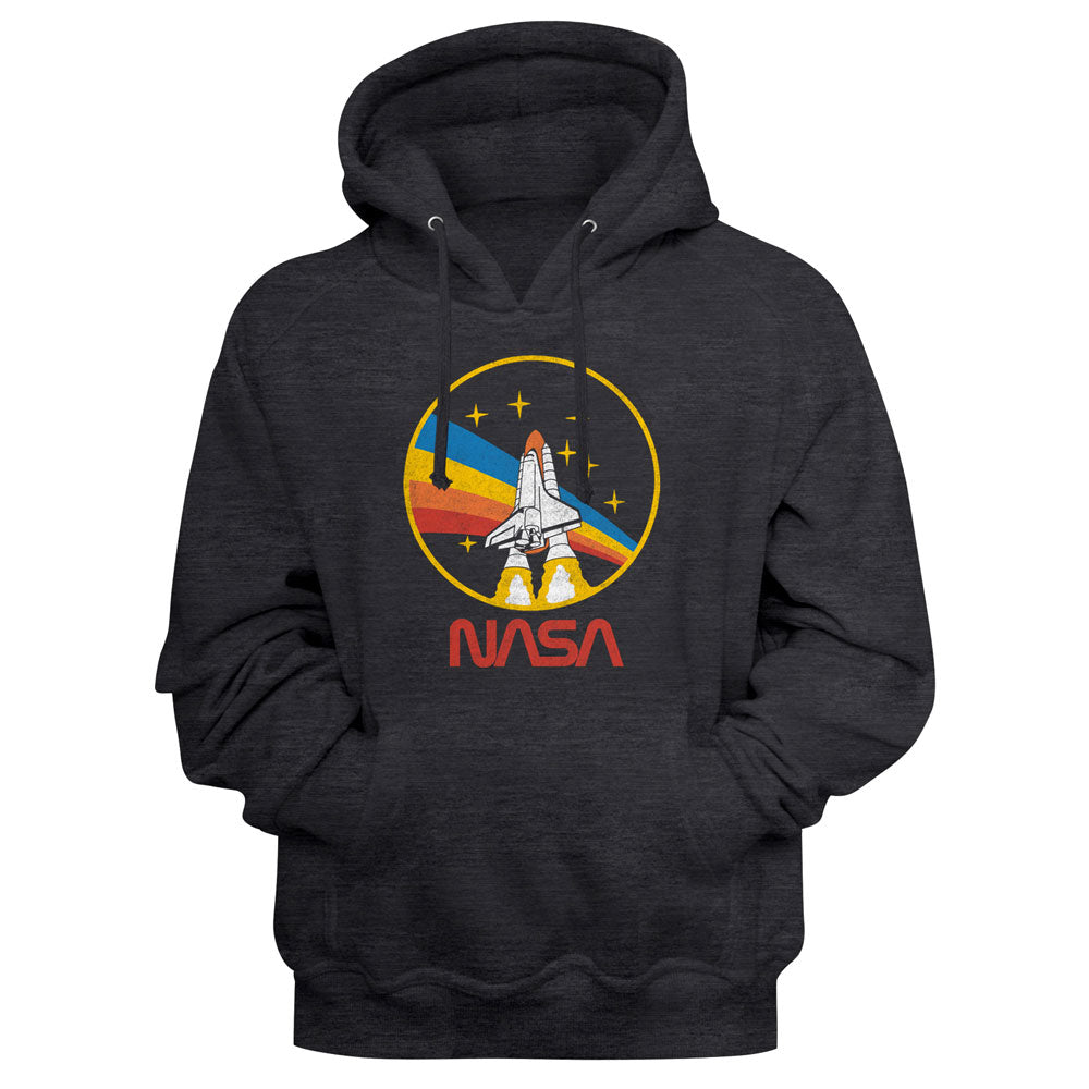 Dark gray hoodie with NASA logo featuring a rocket and colorful design on a charcoal background