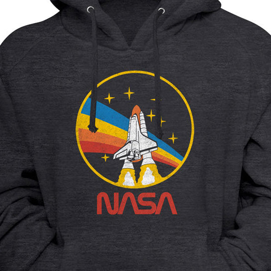 Dark gray hoodie with NASA logo featuring a rocket and colorful design on a charcoal background