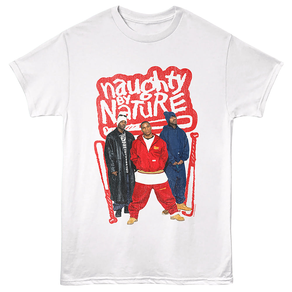 White t-shirt with 'Naughty by Nature' graphic featuring three individuals in colorful outfits on a white background.