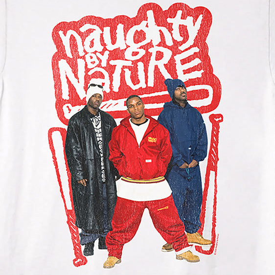 White t-shirt with 'Naughty by Nature' graphic featuring three individuals in colorful outfits on a white background.