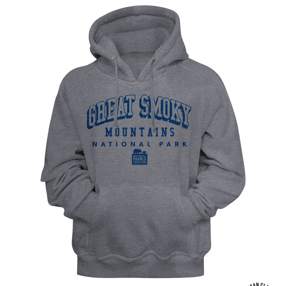 A heather gray pullover hoodie featuring 'GREAT SMOKY MOUNTAINS NATIONAL PARK' printed in blue across the chest, with a small park logo below the text.