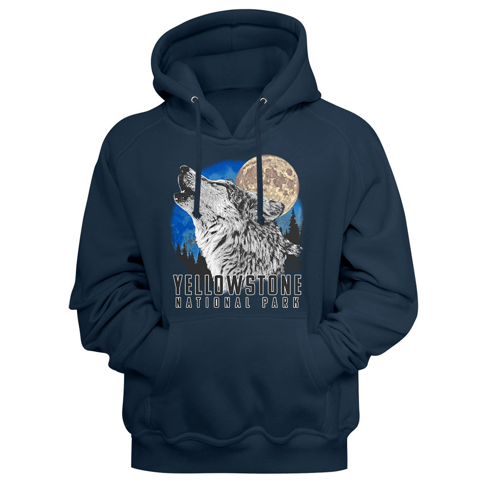 A navy blue pullover hoodie featuring a graphic print of a howling wolf in front of a full moon and blue sky, with the text 'YELLOWSTONE NATIONAL PARK' printed below.