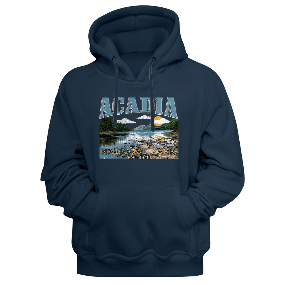 A navy blue pullover hoodie with a front graphic print featuring the word 'ACADIA' and a scenic landscape illustration of Acadia National Park.