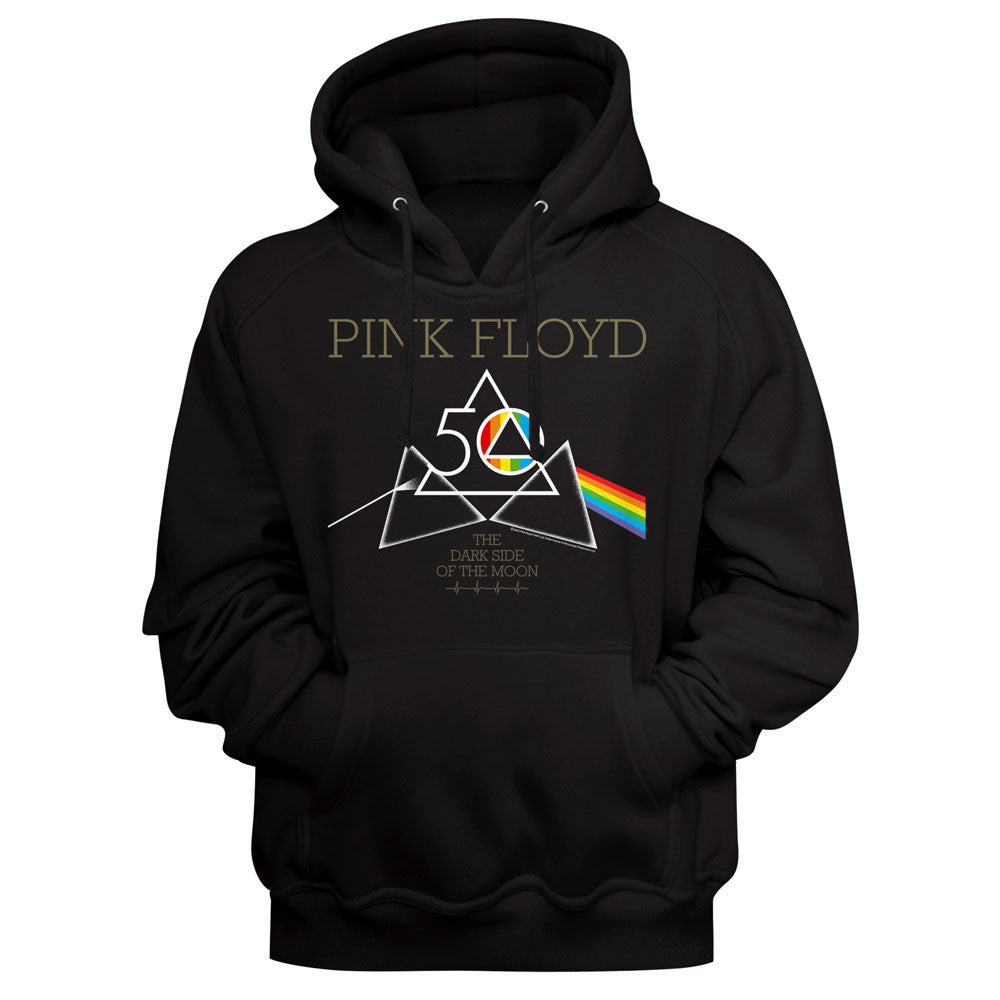Black hoodie with Pink Floyd logo featuring a rainbow on a black background