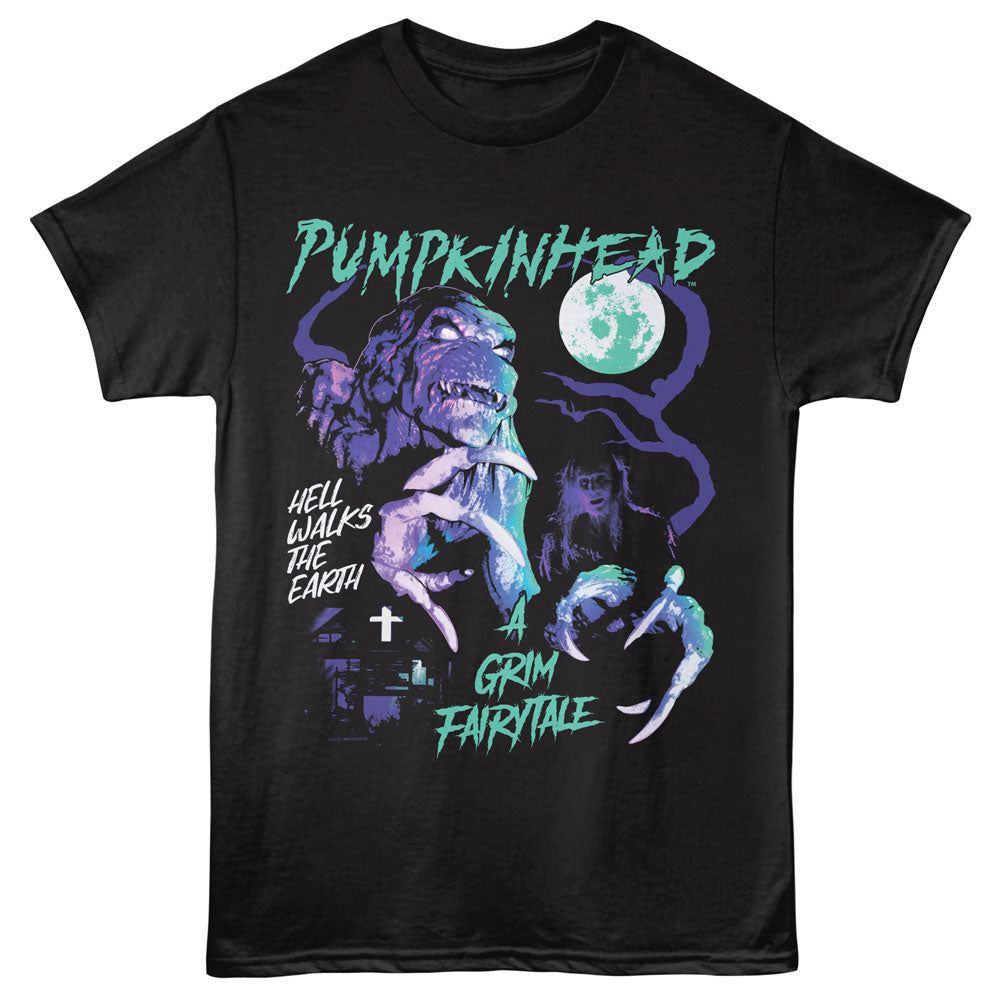 Black t-shirt with a graphic design featuring text and a creature on a black background