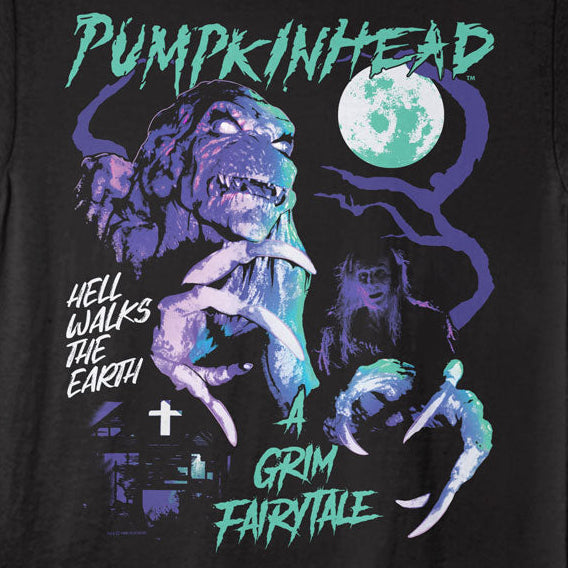 Black t-shirt with a graphic design featuring text and a creature on a black background