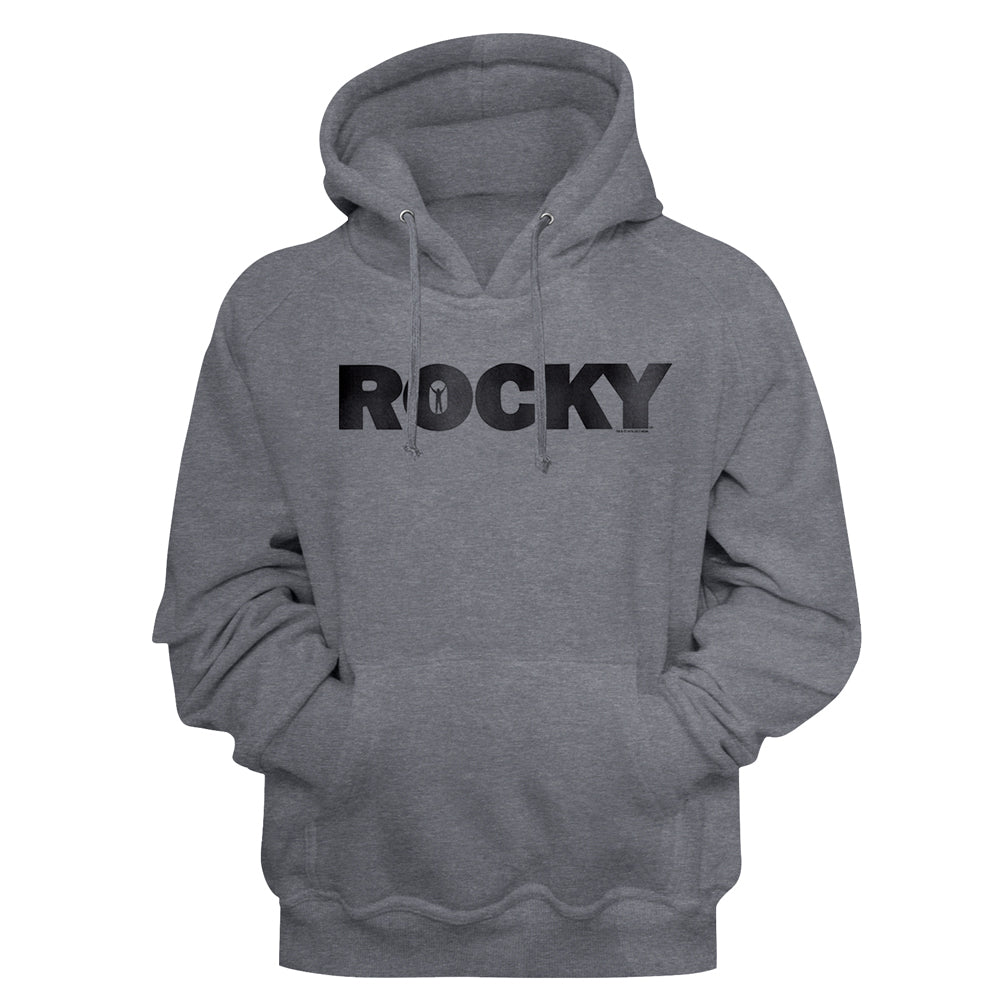 Gray hoodie with 'ROCKY' text on a gray background