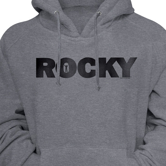 Gray hoodie with 'ROCKY' text on a gray background