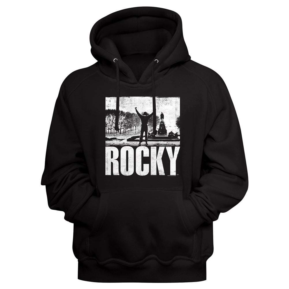 Black hoodie with 'Rocky' graphic design on a black background