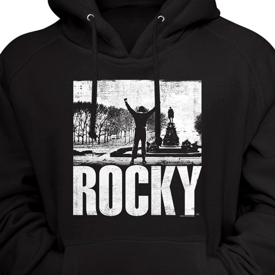 Black hoodie with 'Rocky' graphic design on a black background