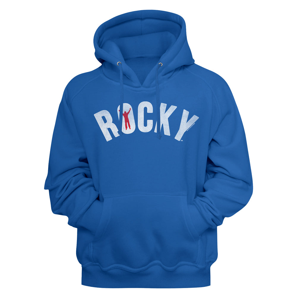 Blue hoodie with 'Rocky' text on a blue background