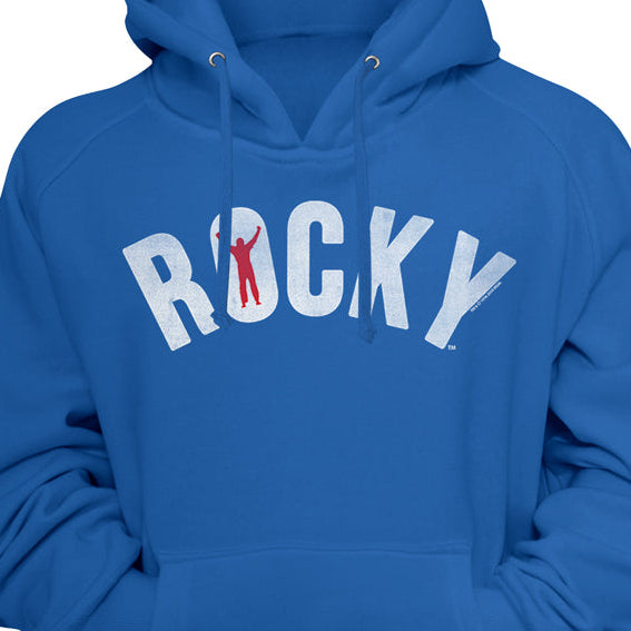 Blue hoodie with 'Rocky' text on a blue background