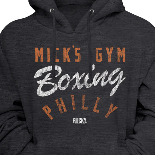 Dark gray hoodie with 'Mick's Gym Boxing Philly' text on a black background