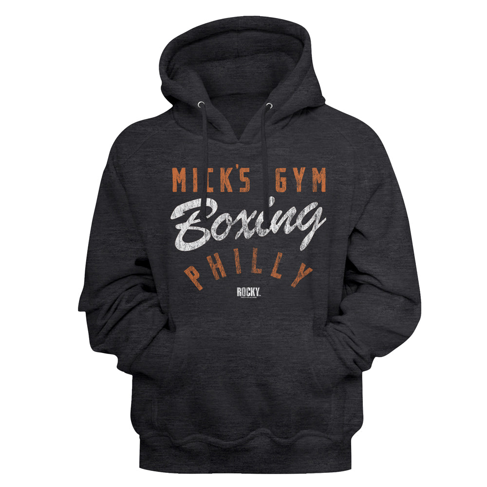 Dark gray hoodie with 'Mick's Gym Boxing Philly' text on a black background