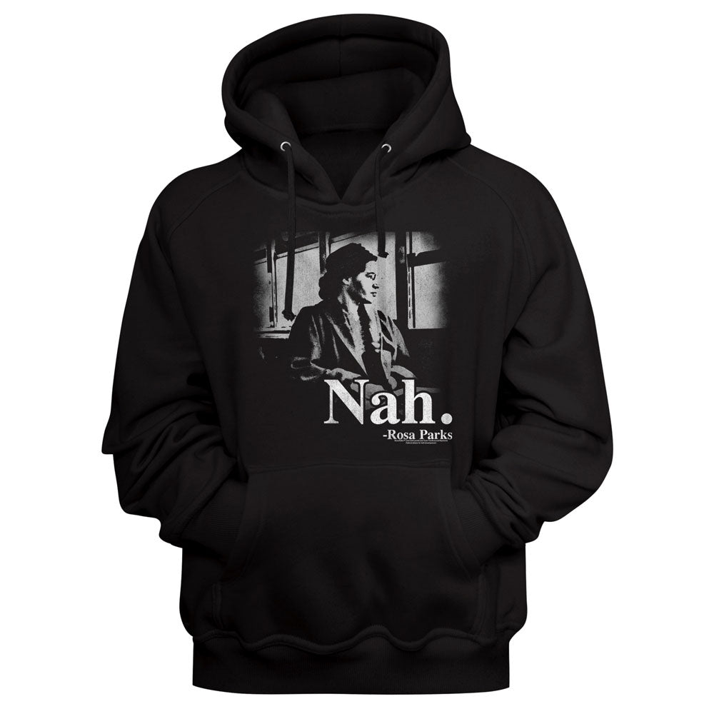Black hoodie with a graphic of a person and the text 'Nah. Rosa Parks' on a black background
