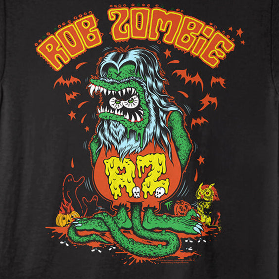 Black t-shirt with a graphic design of a zombie in a pumpkin, featuring the text 'Rob Zombie'.