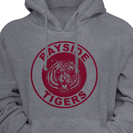 A heather gray pullover hoodie featuring a distressed red circular 'Bayside Tigers' tiger graphic on the chest, displayed against a solid gray background.