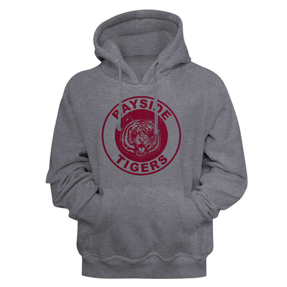 A heather gray pullover hoodie featuring a distressed red circular 'Bayside Tigers' tiger graphic on the chest, displayed against a solid gray background.