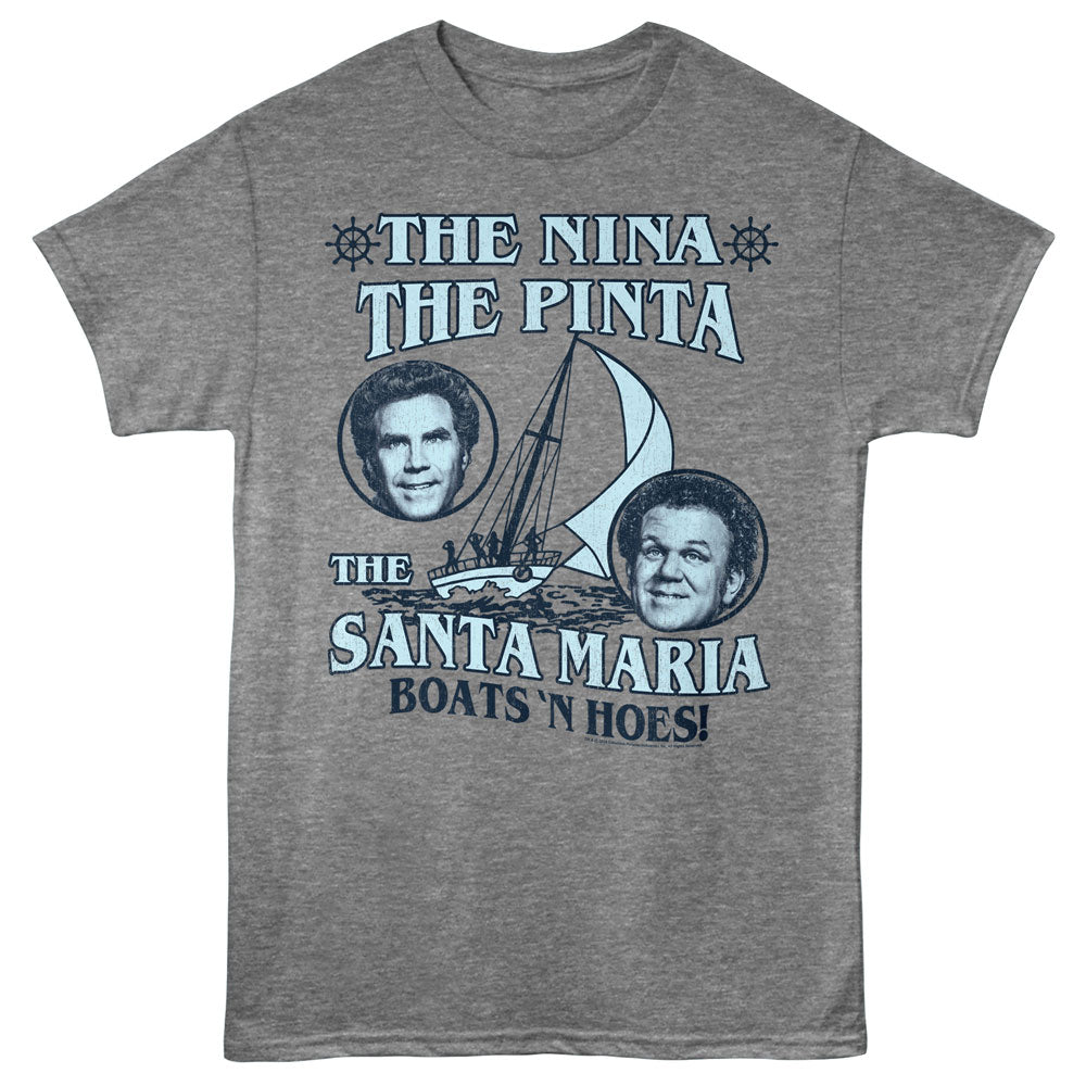 A heather gray crewneck t-shirt featuring a vintage-style graphic print of 'The Nina The Pinta The Santa Maria Boats 'N Hoes!' in light blue and dark navy text, with illustrations of a sailboat and two circular portraits.