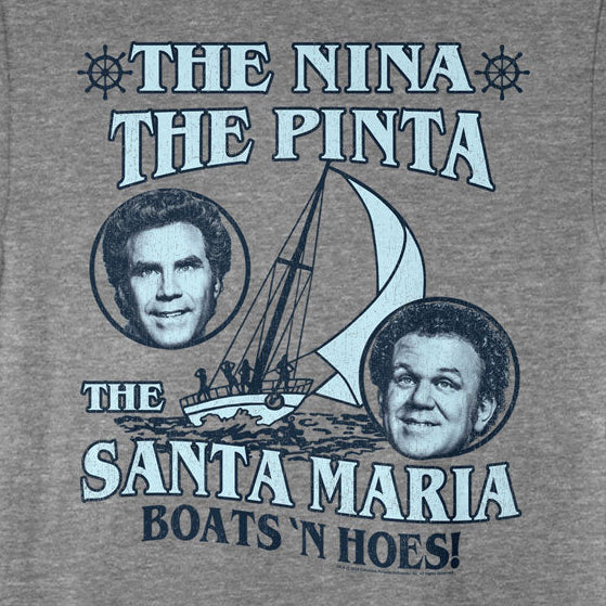 A heather gray crewneck t-shirt featuring a vintage-style graphic print of 'The Nina The Pinta The Santa Maria Boats 'N Hoes!' in light blue and dark navy text, with illustrations of a sailboat and two circular portraits.