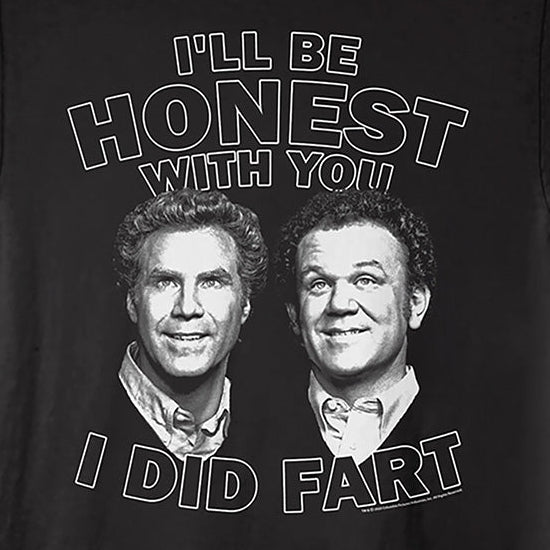 A black short-sleeve graphic t-shirt featuring a white printed design with the text 'I'LL BE HONEST WITH YOU' above two portrait photos and 'I DID FART' below.
