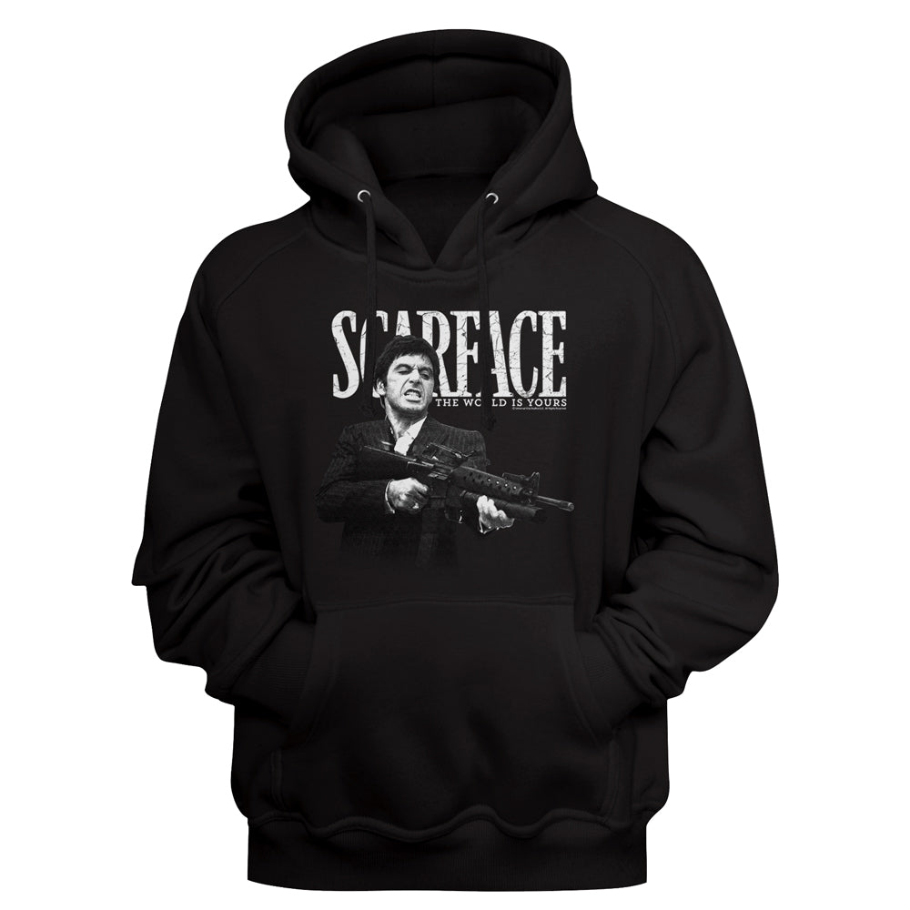 Black hoodie with Scarface logo text on a black background