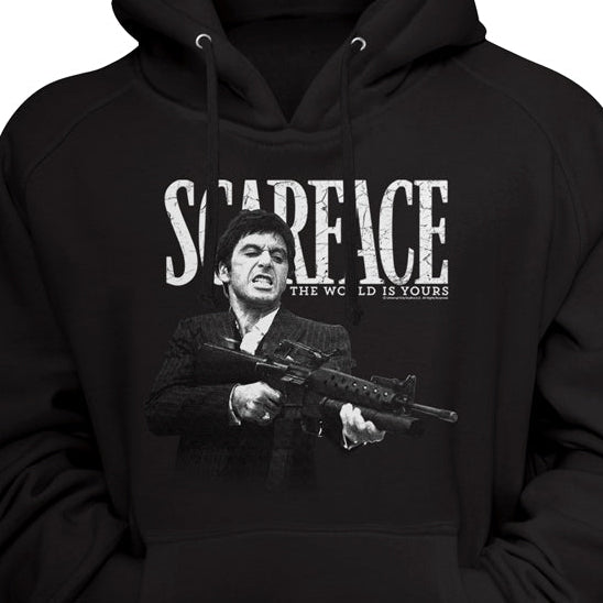 Black hoodie with Scarface logo text on a black background