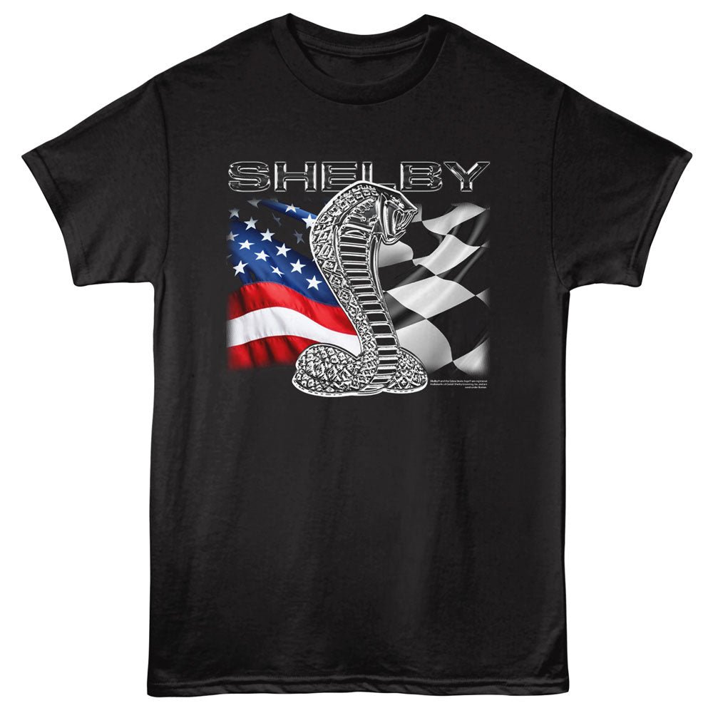 Black t-shirt with Shelby logo featuring a snake and American flag on a black background