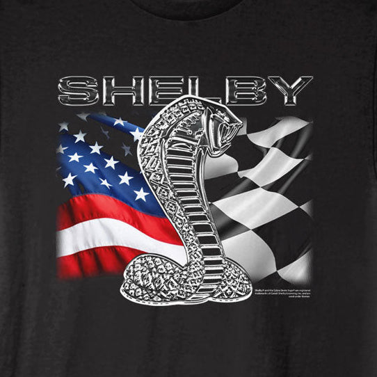 Black t-shirt with Shelby logo featuring a snake and American flag on a black background
